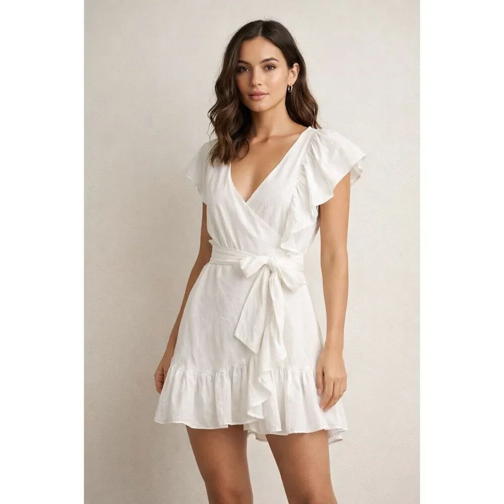 Valtadoros Mykonos White Ruffle Wrap Mini Dress Women Small